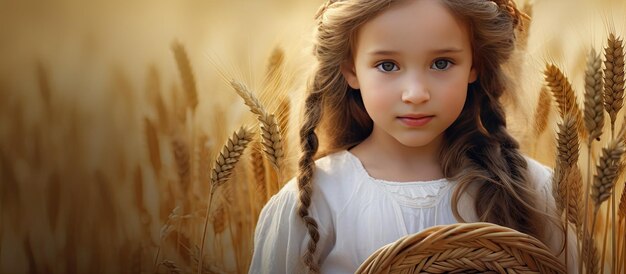 Young girl in wheat field with bread basket and long bread wearing a spikelet wreath