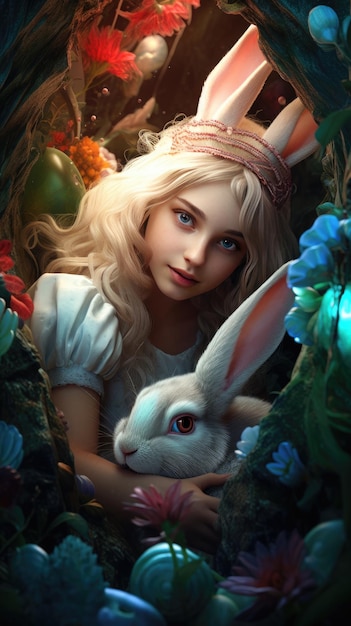 A young girl in a white dress holding a cute rabbit