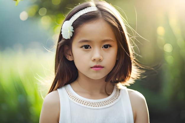 Photo a young girl in a white dress stands in a park.