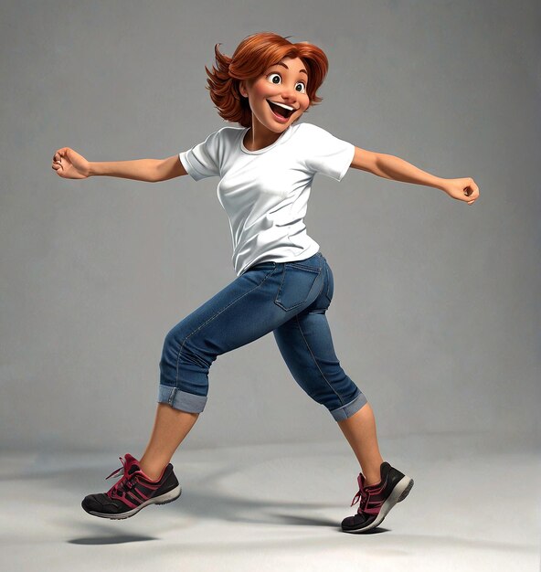 Photo a young girl in a white shirt and blue jeans with her arms outstretched is dancing