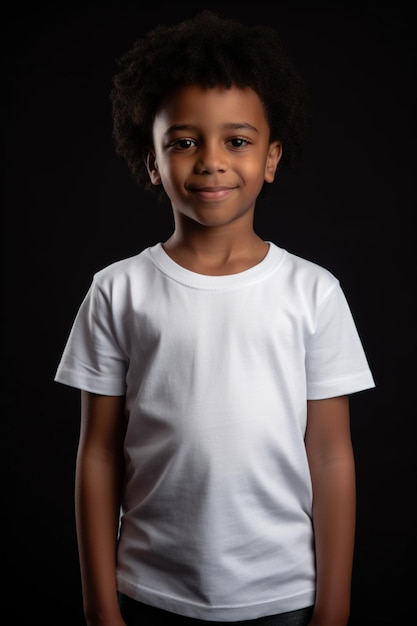 A young girl in a white shirt stands in front of a black background.