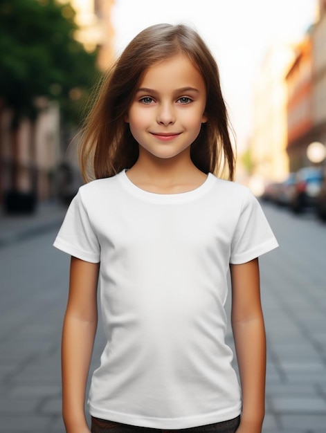 A young girl in a white shirt stands on a street in front of a building.