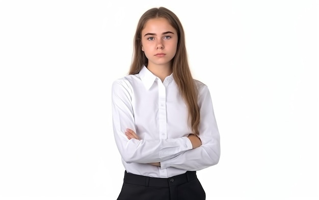 A young girl in a white shirt with the word girl on it