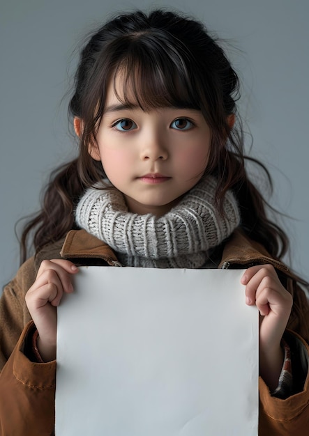 メッセージの準備ができている空白の看板を持った冬の服装の若い女の子が、この画像 AI で無邪気さと好奇心を捉えます