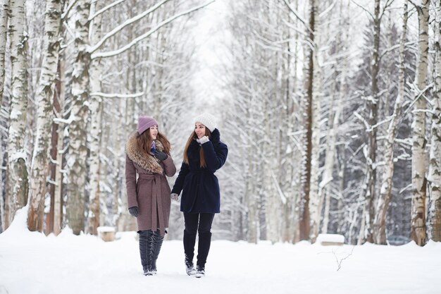 散歩の冬の公園で若い女の子。冬の森のクリスマス休暇。女の子は公園で冬を楽しんでいます。
