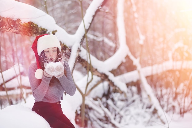 散歩の冬の公園で若い女の子。冬の森のクリスマス休暇。女の子は公園で冬を楽しんでいます。