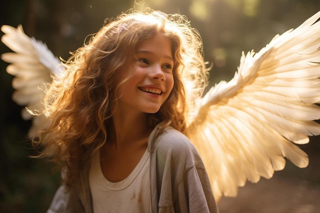 a young girl with angel wings on her head