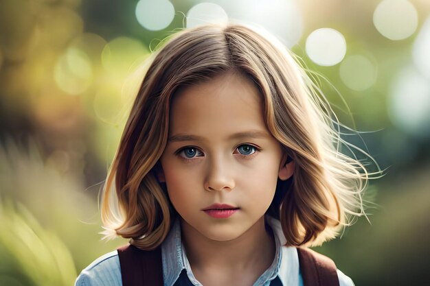 A young girl with a backpack and a blue eyes looks at the camera.