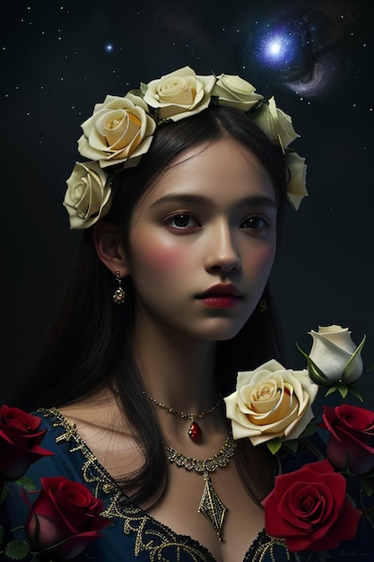 Молодая девушка с красивым цветочным украшением для волос розы романтические обои фоновая иллюстрация