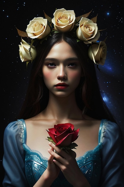Фото Молодая девушка с красивым цветочным украшением для волос розы романтические обои фоновая иллюстрация
