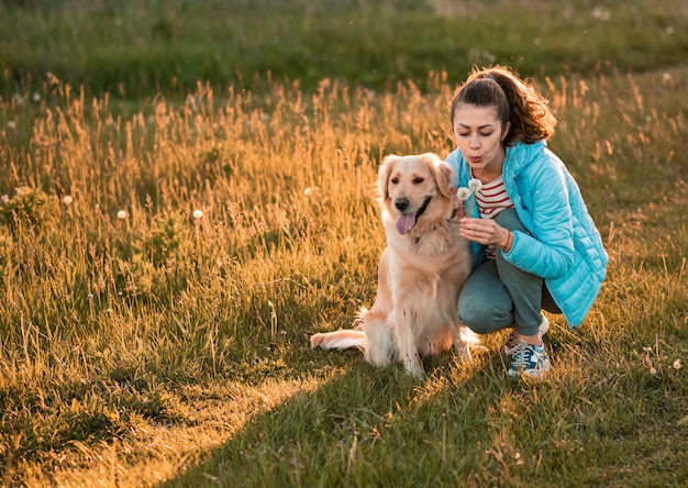 Young girl with big golden retriever dog and dandelion on grassland