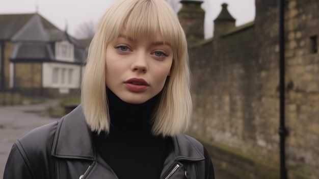 Young girl with blond hair in leather jacket walking on the street