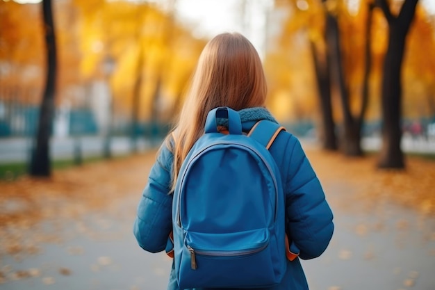 青い バックパック を 背負っ て いる 若い 女の子 は 学ぶ 準備 が でき て いる