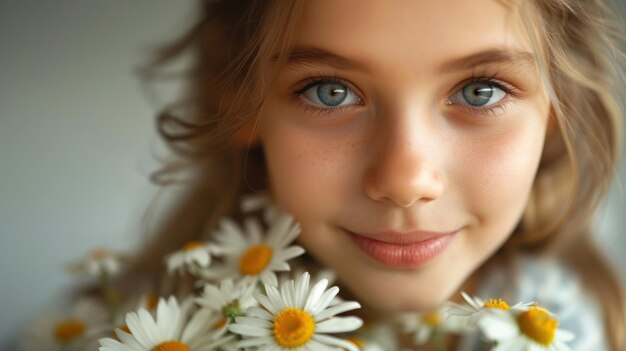 Young Girl With Blue Eyes Holding Bunch of Daisies