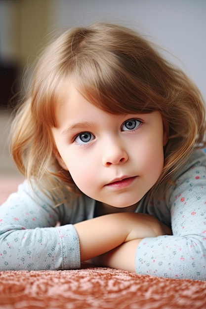 A young girl with blue eyes is looking at the camera.