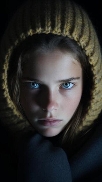 a young girl with blue eyes and a yellow hoodie