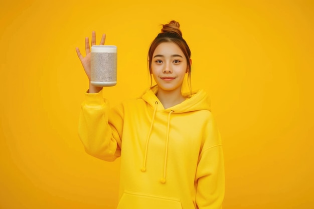 Young girl with Bluetooth speaker waving hand isolated