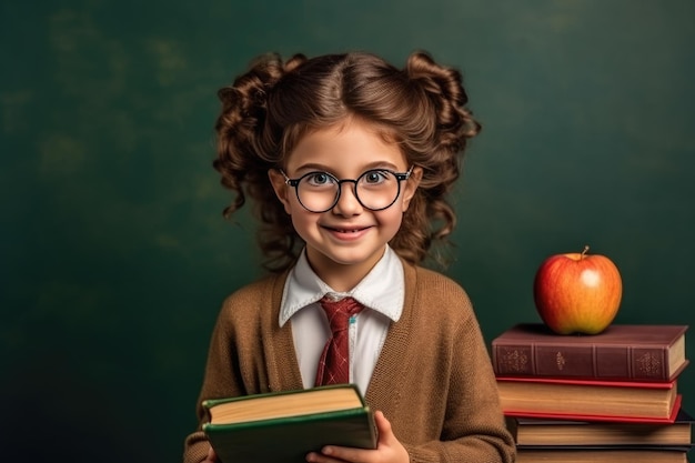 Молодая девушка с книгами и яблоком перед доской xA