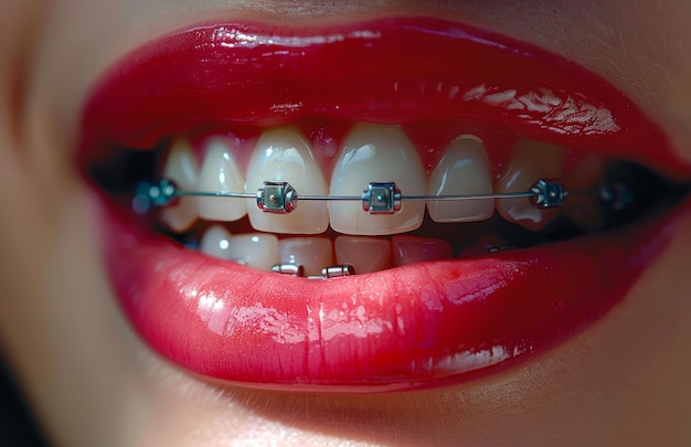 Young girl with braces on her teeth A closeup of the mouth and teeth with braces