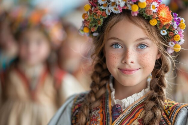 写真 の毛に花がついた若い女の子