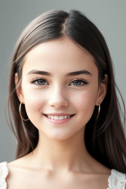 A young girl with brown hair and a blue eyes smiles at the camera.