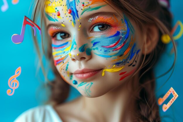 A young girl with colorful face paint smiles