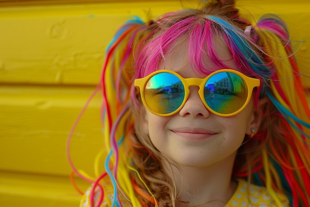 Young Girl with Colorful Hair and Sunglasses on Yellow Background