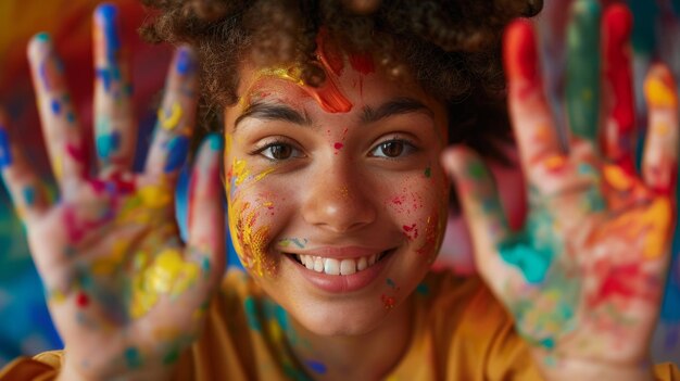 Foto ragazza giovane con un sorriso di vernice colorata concetto di idee per attività di fine settimana per bambini