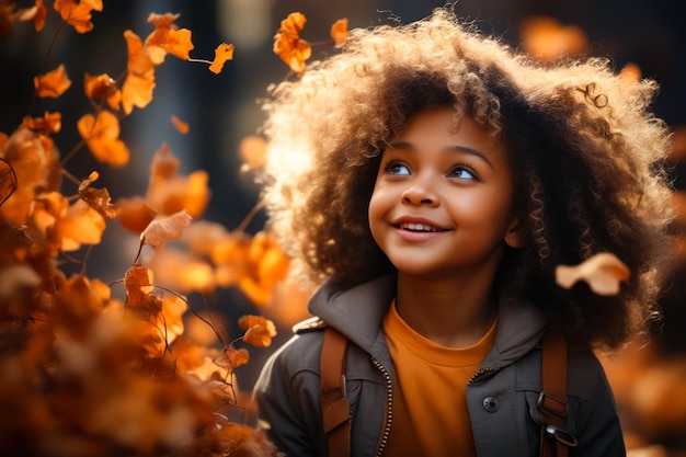 Young girl with curly hair and backpack smiles at the camera generative ai