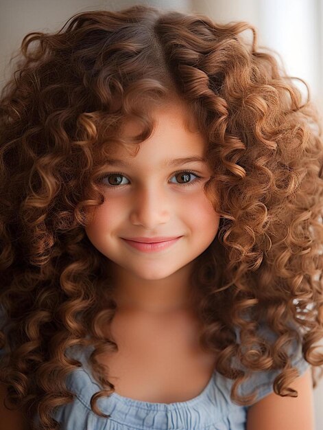 Photo a young girl with curly hair and a blue shirt