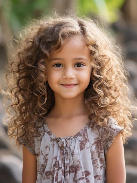 Photo a young girl with curly hair and a brown dress