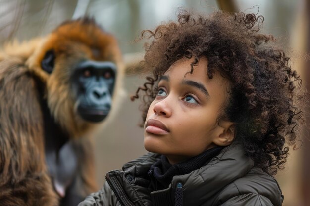 自然 の 環境 で 猿 と 共 に 考え て じっと 見つめ て いる 巻き毛 の 少女