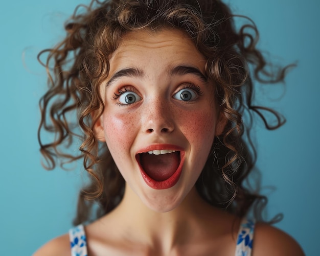 Photo a young girl with curly hair is making a surprised face