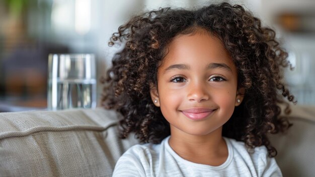 A young girl with curly hair is seated on a sofa