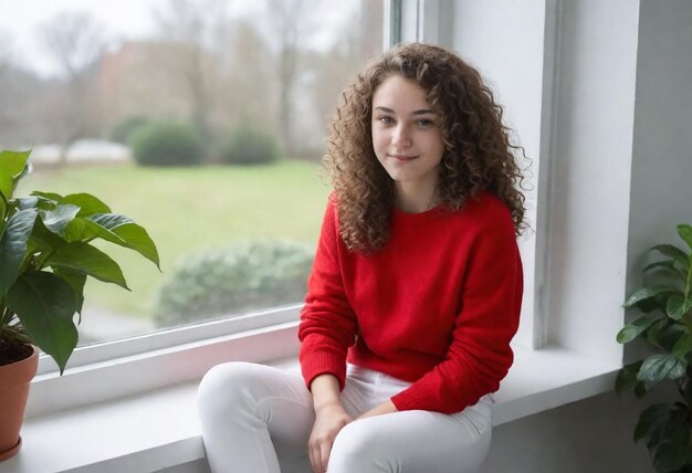 a young girl with curly hair sits on a window sill