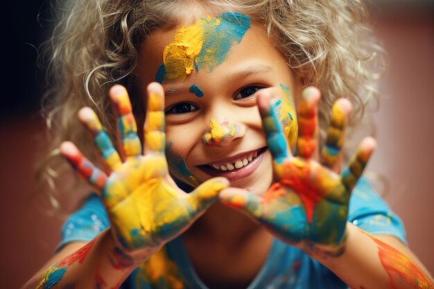 A young girl with curly hair smiles brightly her hands and face covered in vibrant paint