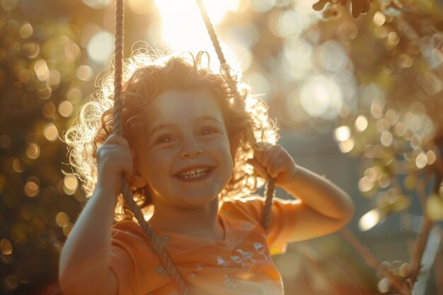 Young girl with curly hair smiling joyfully on a swing at sunset surrounded by golden light and leaves