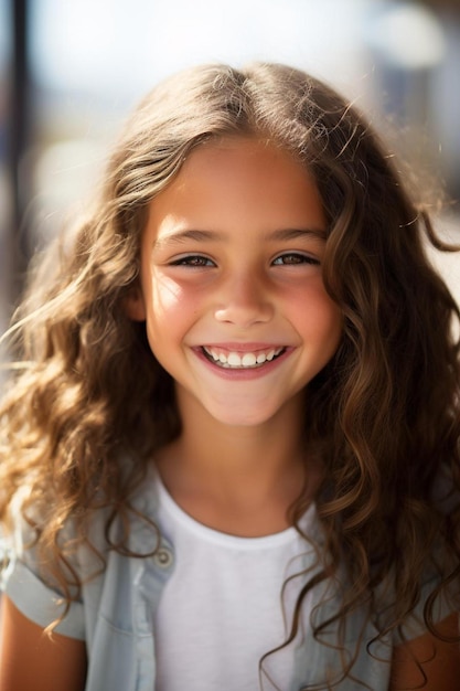 a young girl with curly hair and a white shirt is smiling