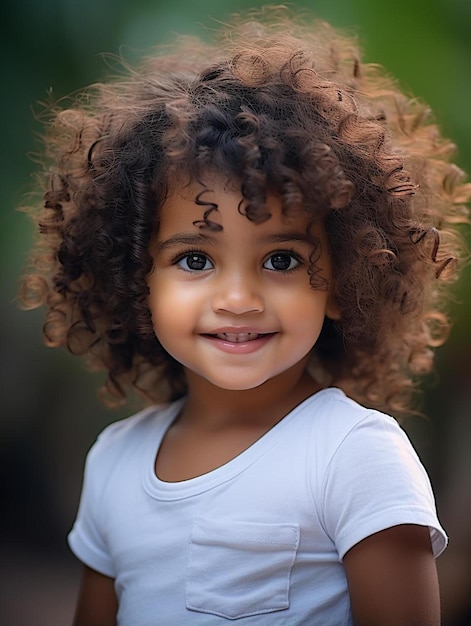 Photo a young girl with curly hair and a white shirt