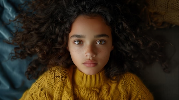 Young Girl With Curly Hair in Yellow Sweater