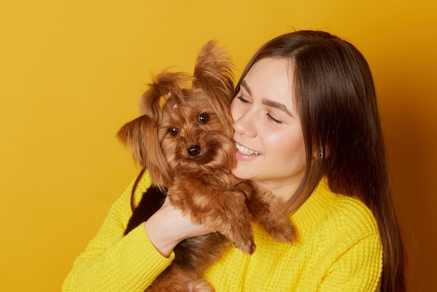 きれいな黄色の背景にヨークシャー テリア犬を持つ少女