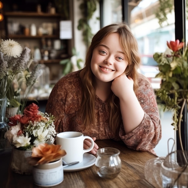 ダウン症候群の若い女の子が活発な花や茂った植物に囲まれたカフェのテーブルでコーヒーを楽しんでいます