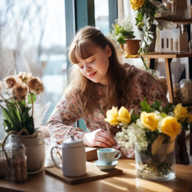 ダウン症候群の若い女の子が活発な花や茂った植物に囲まれたカフェのテーブルでコーヒーを楽しんでいます