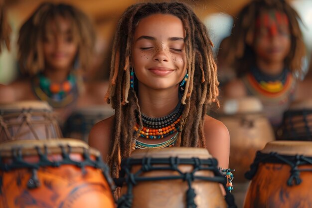 Foto ragazza con i dreadlocks sorride suonando la batteria