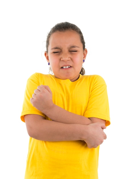 Photo young girl with elbow pain isolated