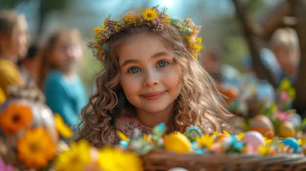 Young Girl With Floral Crown Enjoying Easter Egg Hunt in Springtime