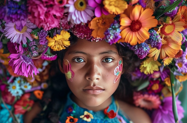 Young girl with flowers on her head beautiful portrait of a child with floral crown