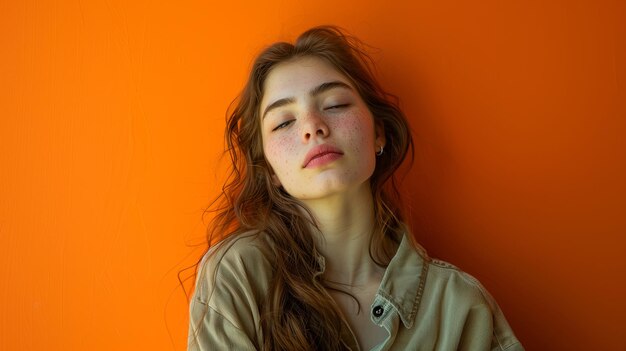 Young girl with freckles on her face on orange background