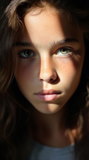 a young girl with freckles and a white shirt