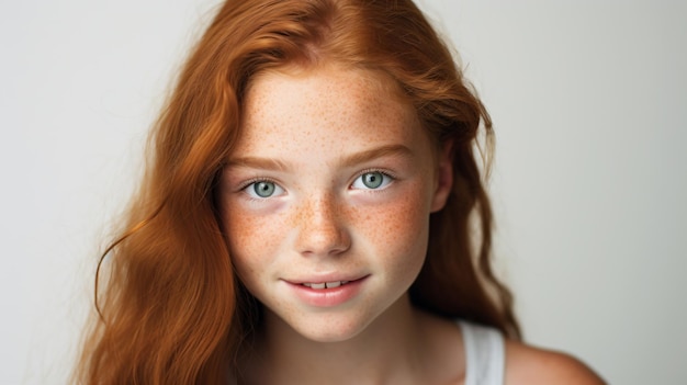 Photo a young girl with freckles and a white tank top